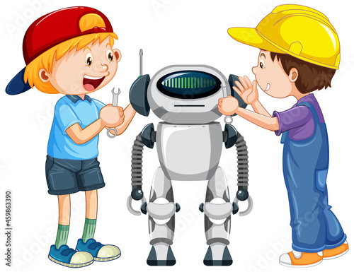 Two boys building robot on white background