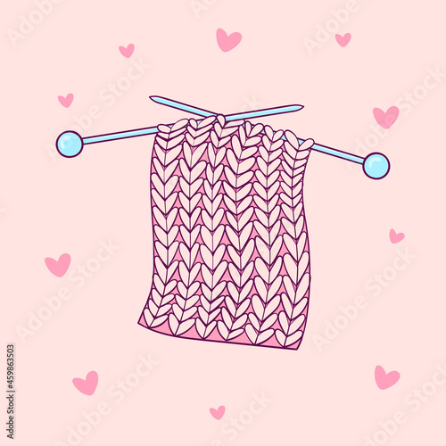 Hand drawn pink knitting sample with blue needles. Handmade clothes vector illustration