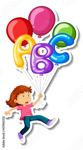 Sticker template with a girl flying with many balloons isolated