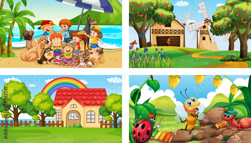 Four different scenes with children cartoon character