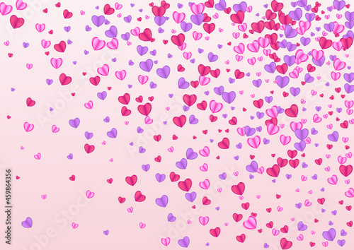 Purple Confetti Background Pink Vector. Falling Pattern Heart. Violet Wallpaper Illustration. Lilac Heart Romantic Backdrop. Pinkish Shape Frame.