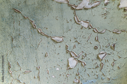 Peeling pale green paint on the wall of an abandoned house. © Dmitriy D