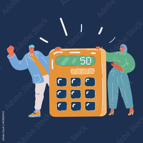 Vector illustration of Calculation concept. People with calculator. Businessman, accountant. Team team has benefited over dark backround photo