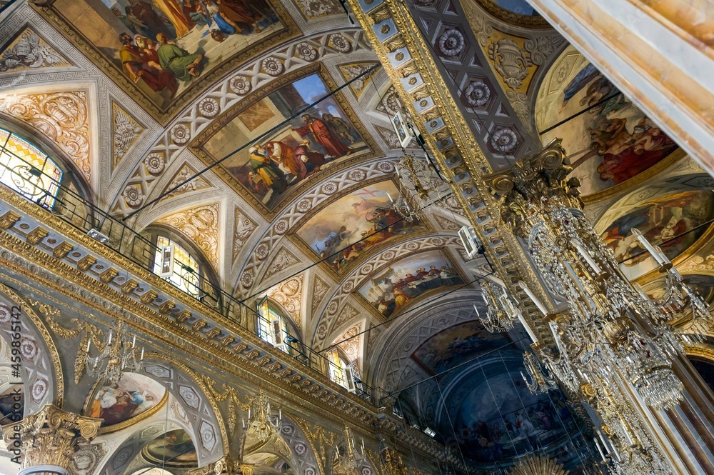Europe. Italy. Liguria. Gulf of Tigullio, Italian Riviera. Santa Margherita. The baroque Church San Giacomo. Detail of the painted ceilings