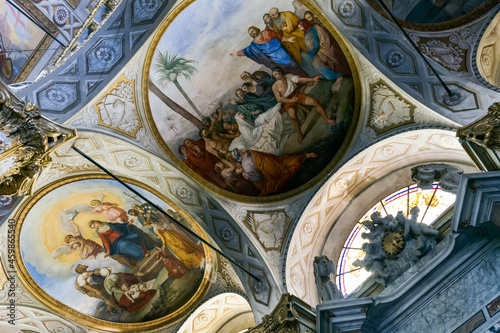 Europe. Italy. Liguria. Gulf of Tigullio, Italian Riviera. Santa Margherita. The baroque Church San Giacomo. Detail of the painted ceilings