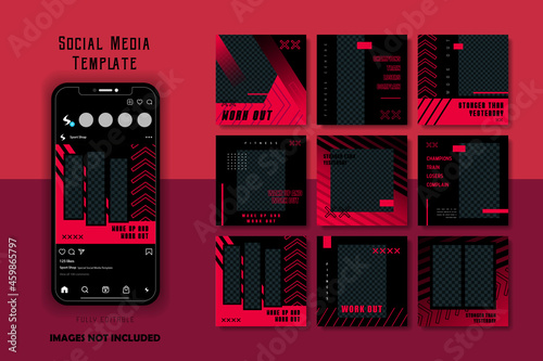 red black sport sporty gym work out social media posts template