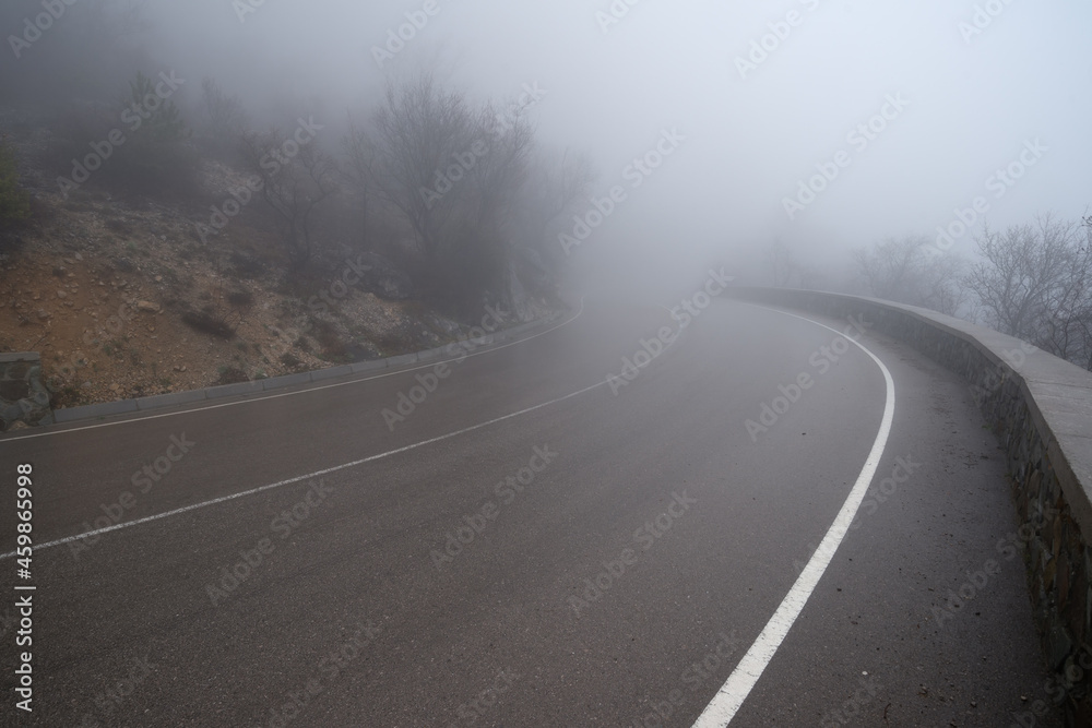 A curved asphalt road with white road markings going into the fog.