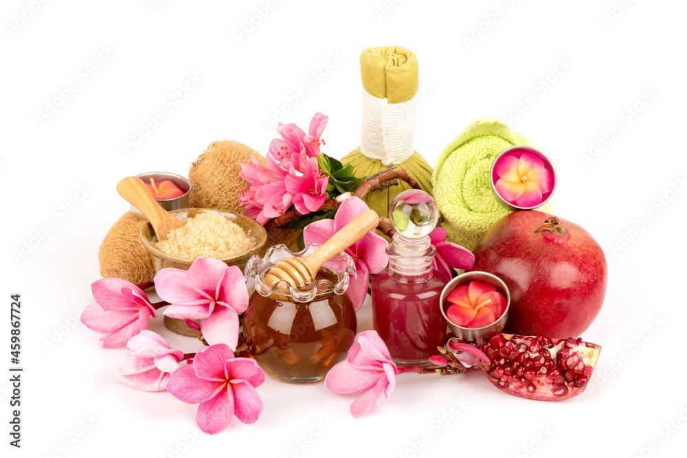 Scrub with pomegranate fruits ,honey,red sugar isolated on white background. Scrub with pomegranate fruits ,honey,red sugar isolated on white background.