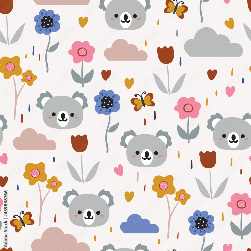 Naklejka premium Seamless pattern with cute cartoon koala and plant for fabric print, textile, gift wrapping paper. colorful vector for textile, flat style
