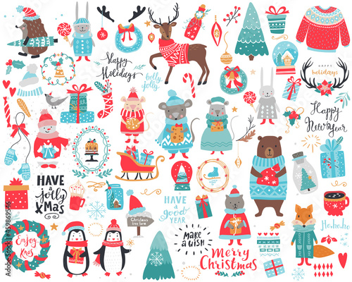 Big festive Christmas and New Year set with a lot of items, characters and inscriptions. Vector winter theme.