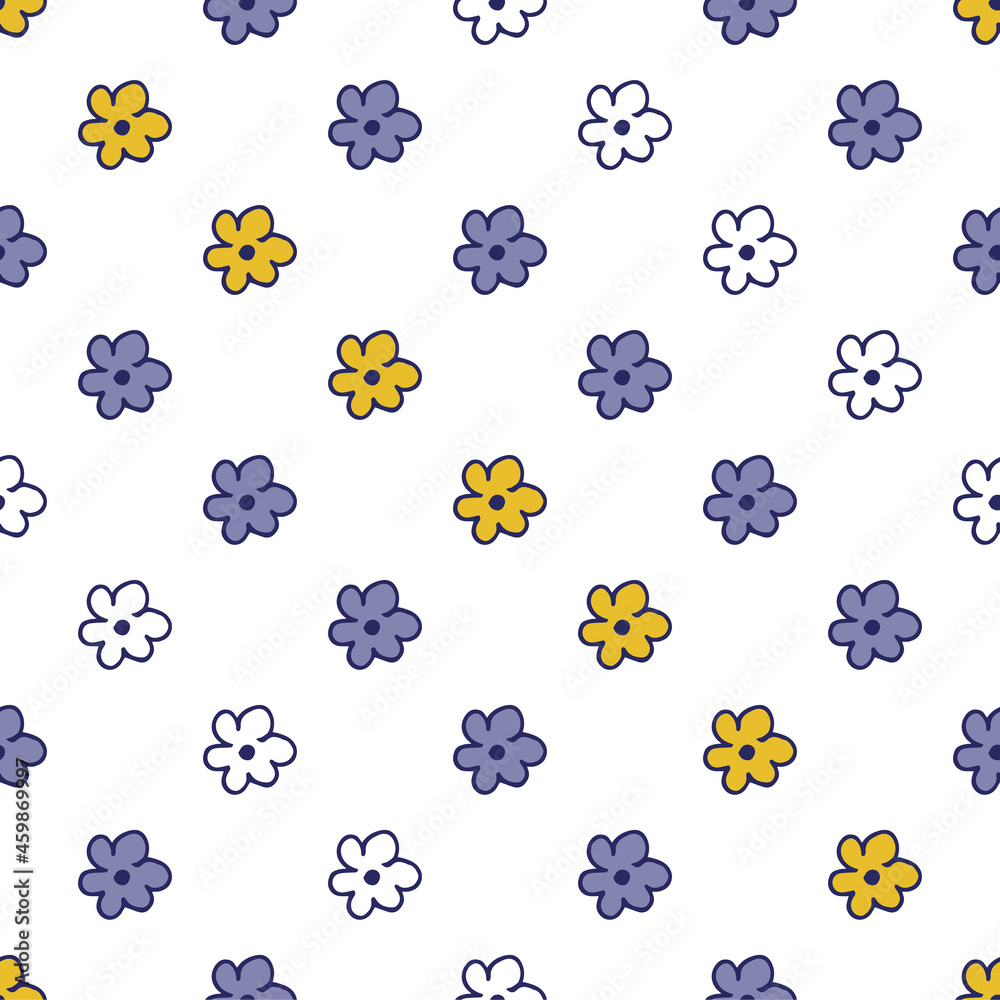 Obraz premium Seamless pattern. Doodle hand drawn. Nature, animals and elements. Violet, yellow and white flowers on white background.