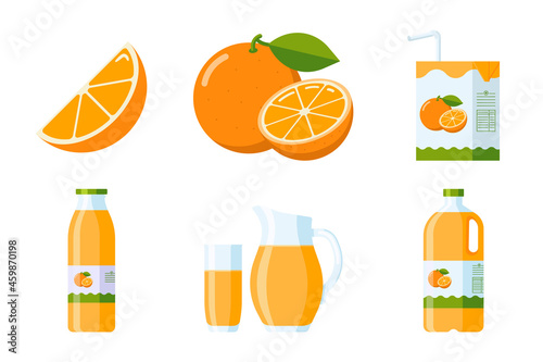 Orange Fruit and Juice Elements Collection. Flat Style citrus items set: orange slice and whole fruit, orange juice packages (carton, glass, jug, Plastic and glass bottle). Premium vector