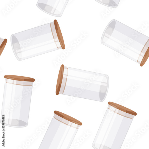 Glass jars with airtight seal wood lids background. Kitchen goods seamless pattern.