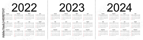 Simple editable vector calendars for year 2022 2023 2024. Week starts from Sunday. Isolated vector illustration on white background.