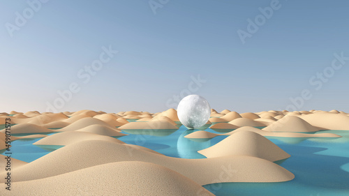Moon 3d glowing on sand surface. 3D illustration  3D rendering 