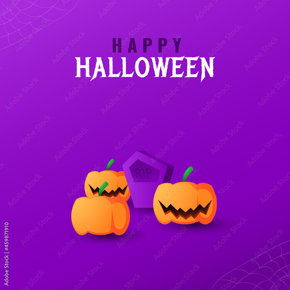 Fototapeta premium happy halloween banner with pumpkin and tombstone decorations