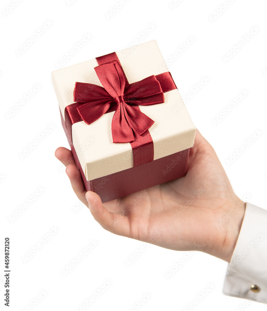 present box in hand isolated on white background, shopping present box in hand isolated on white background, shopping