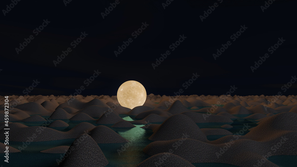 Obraz premium Moon 3d glowing on sand surface. 3D illustration, 3D rendering 