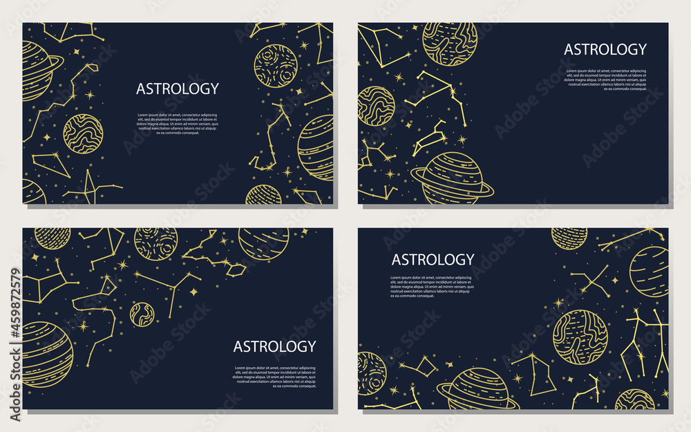 Vector set of posters with planets and constellations. Astrological background. A template with space for text. Vector set of posters with planets and constellations. Astrological background. A template with space for text.