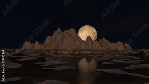 Moon 3d glowing on sand surface. 3D illustration, 3D rendering 