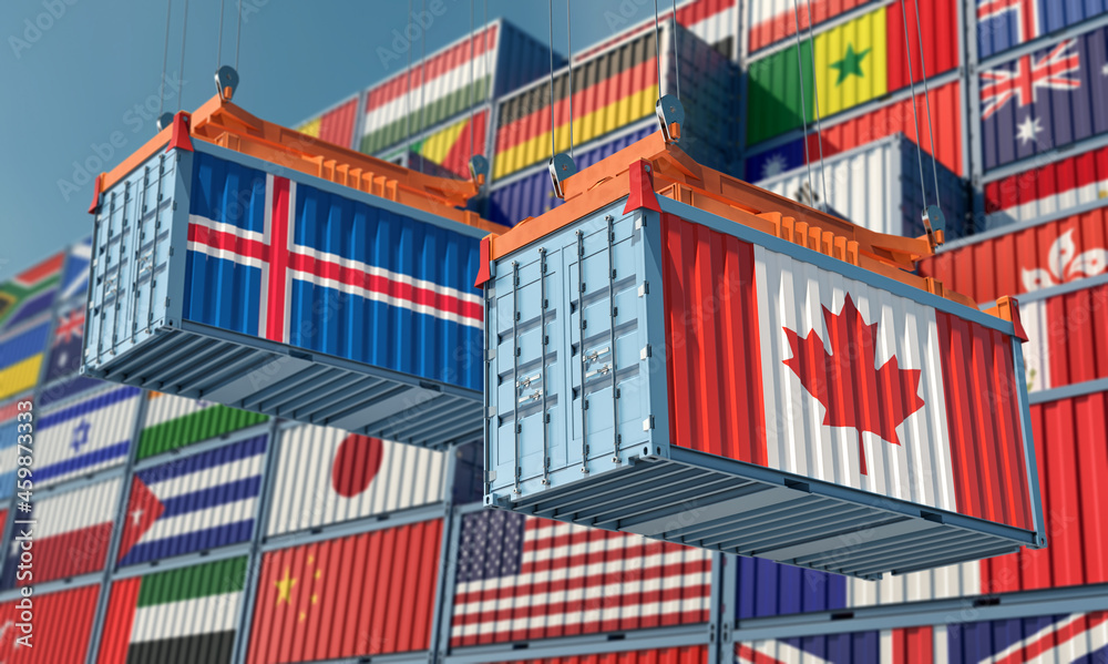Freight containers with Canada and Iceland national flags. 3D Rendering 