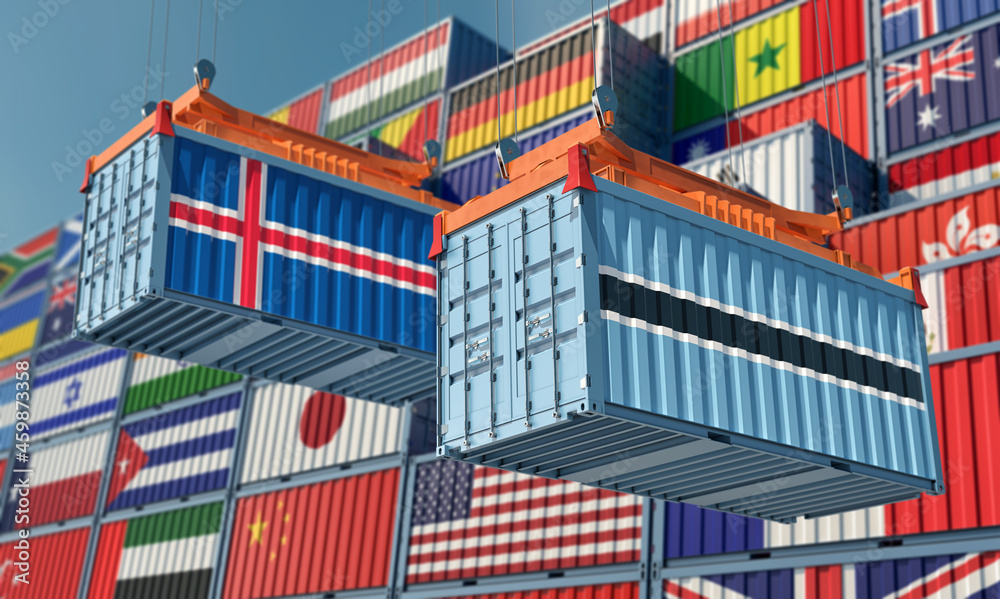 Freight containers with Botswana and Iceland national flags. 3D Rendering 