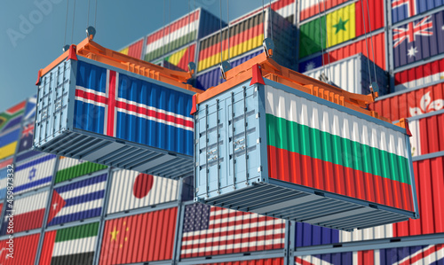 Freight containers with Bulgaria and Iceland national flags. 3D Rendering 