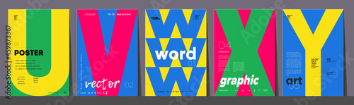 Poster layout design. Letters U,V,W,X,Y. Alphabet. Template poster, banner, magazine mockup.