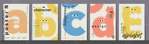 Poster layout design. Letters A,B,C,D,E. Alphabet. Cute monsters. Template poster, banner, flyer.
