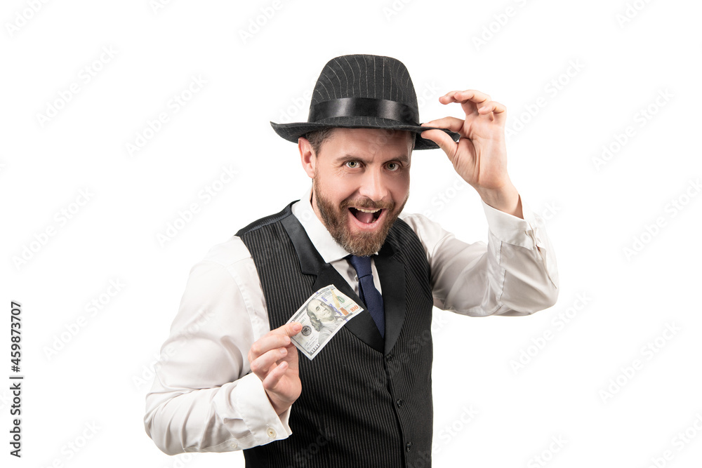 happy businessman in hat with money. man hold cash isolated on white background. happy businessman in hat with money. man hold cash isolated on white background.