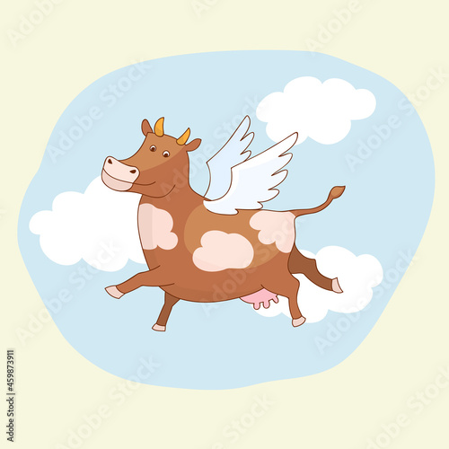 Cheerful flying cow with wings. Illustration.