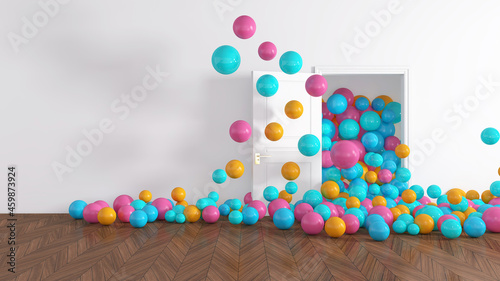 Colorful Bunch of Birthday Balloons Flying for Party in Door open Room. 3D illustration, 3D rendering 