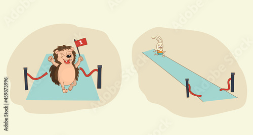 Running sports. The winner is the hedgehog and the defeated hare.