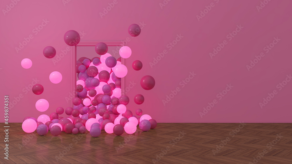 Colorful Bunch of Birthday Balloons Flying for Party in Door open Room. 3D illustration, 3D rendering	