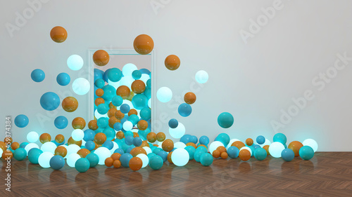 Colorful Bunch of Birthday Balloons Flying for Party in Door open Room. 3D illustration, 3D rendering 