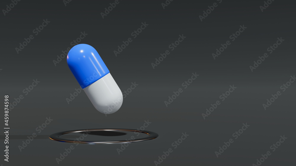 Blue and while medicine capsule hovering over flat surface with copy space. Pharmacy, pharma industry concept. 3D rendering illustration. 