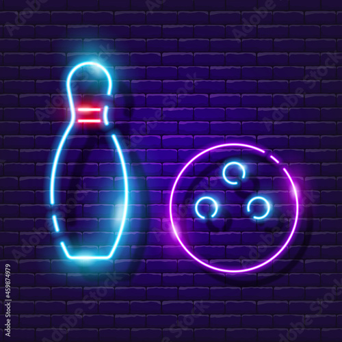 Bowling pin and ball neon icon. Vector illustration for design. Glowing game sign. Sports concept. Bowling club sign.