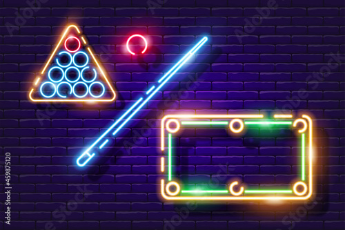 Billiard ball, cue and table neon icon. Vector illustration for design. Sports concept. Signboard for pool club.