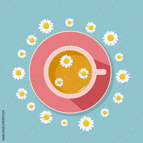 Camomile tea illustration on blue background with flowers.