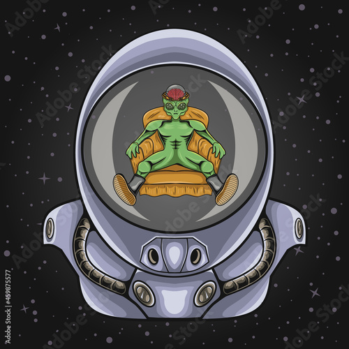 astronaut helmet with alien illustration
