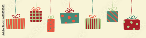 Design of hanging Christmas present boxes. Vector