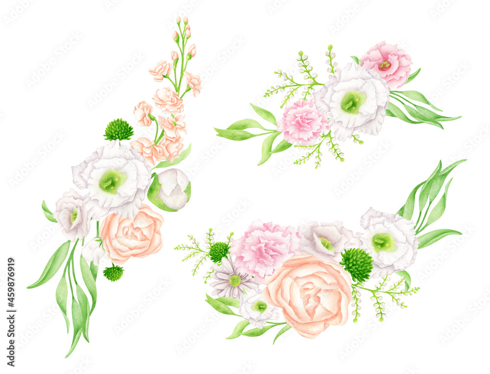 Watercolor flower arrangements set. Hand drawn floral bouquets isolated on white background. Botanical design. Elegant composition with pale blush and white flowers for wedding invitations, cards