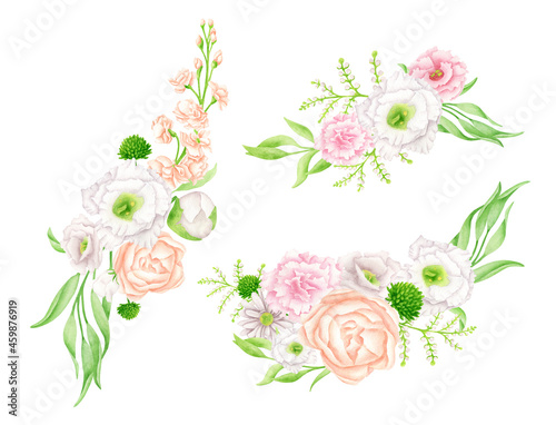 Watercolor flower arrangements set. Hand drawn floral bouquets isolated on white background. Botanical design. Elegant composition with pale blush and white flowers for wedding invitations, cards © Olya Haifisch