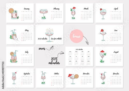 Time for cocktails. Calendar 2022 template. Monthly calendar 2022 with cute white cats playing in cocktail glasses. Bonus - 2023 calendar. Vector illustration 10 EPS.