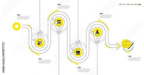 Trade Infographic timeline with 4 steps. Lightbulb journey path infographics. Shopping process diagram with Discounts calendar, Shop, Gift and Shopper with purchases icons. Vector