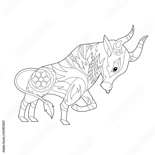 Cute ox. Doodle style, black and white background. Funny animal, coloring book pages. Hand drawn illustration in zentangle style for children and adults, tattoo.