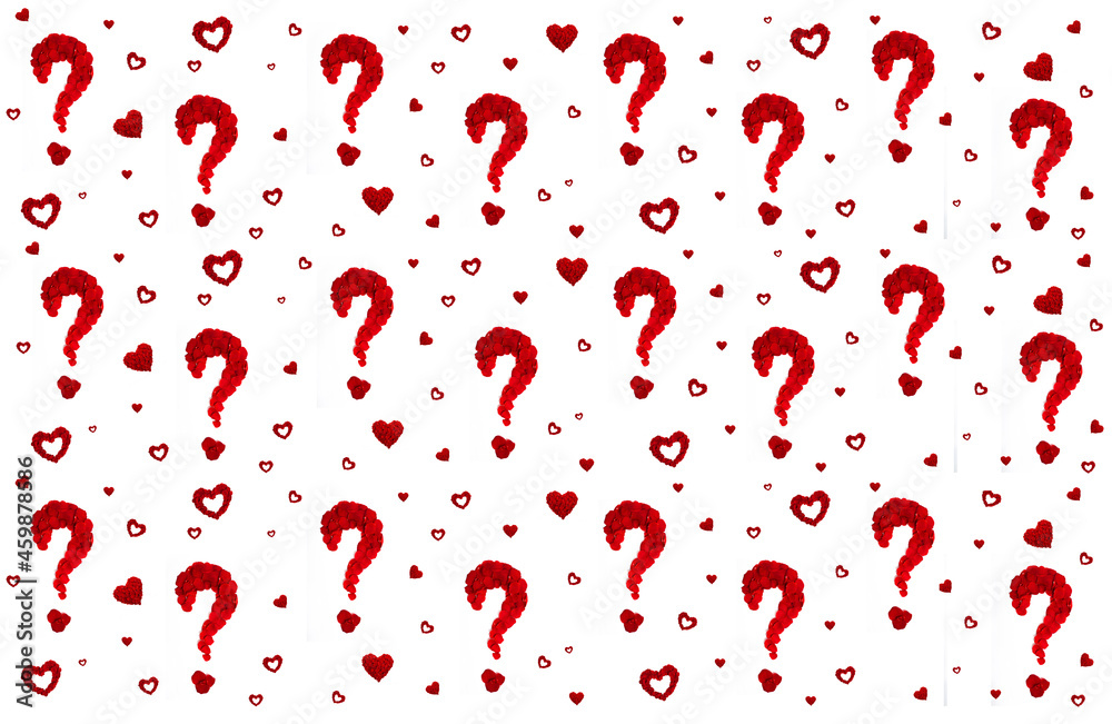 Question marks with a heart from a red rose flower rose petals on a white background as a design and background with space for text concept of love spa tenderness of fragrance flowers, love question