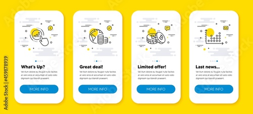 Vector set of Budget, Bitcoin and Graph chart line icons set. UI phone app screens with line icons. Dot plot icon. Global trade, Cryptocurrency coin, Get report. Presentation graph. Vector