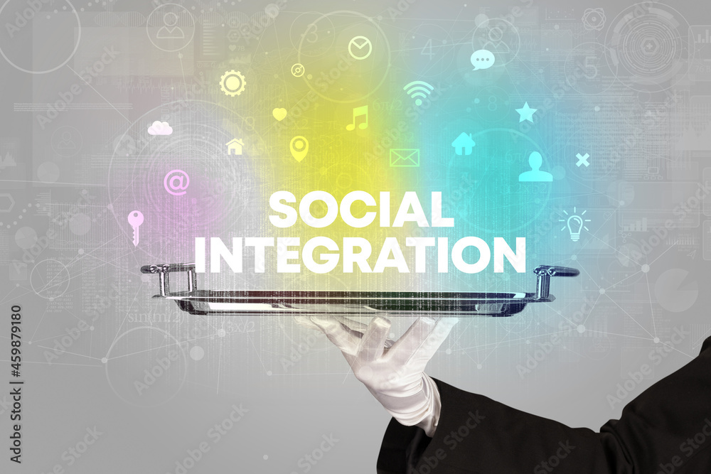 Waiter serving social networking concept Waiter serving social networking concept