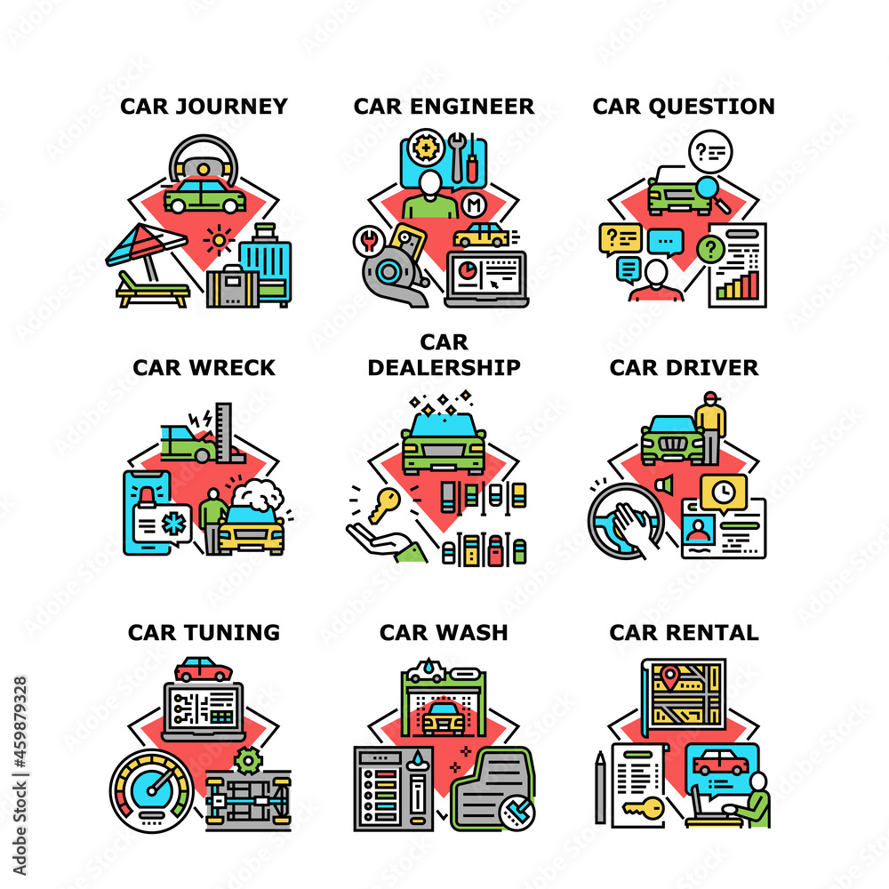 Car Dealership Set Icons Vector Illustrations. Car Dealership And Rental, Driver Question And Journey, Engineer Wreck And Tuning. Automobile Renovation And Industry Color Illustrations